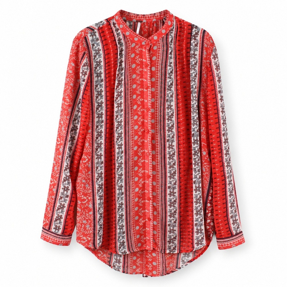 Free People Red Multi Floral Stripe Sheer Button Down Tie Back Blouse Small
